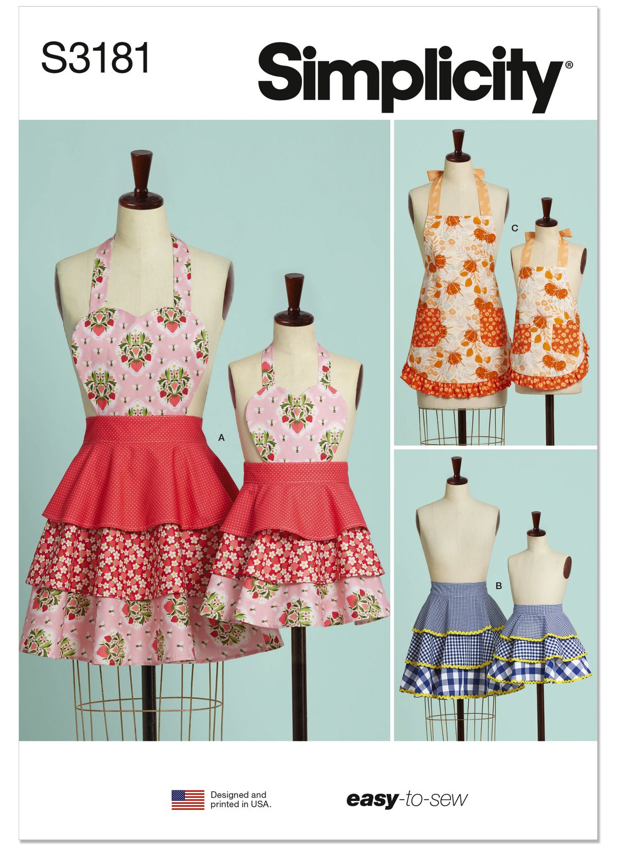Simplicity S3181 pattern envelope showing tiered flounced aprons