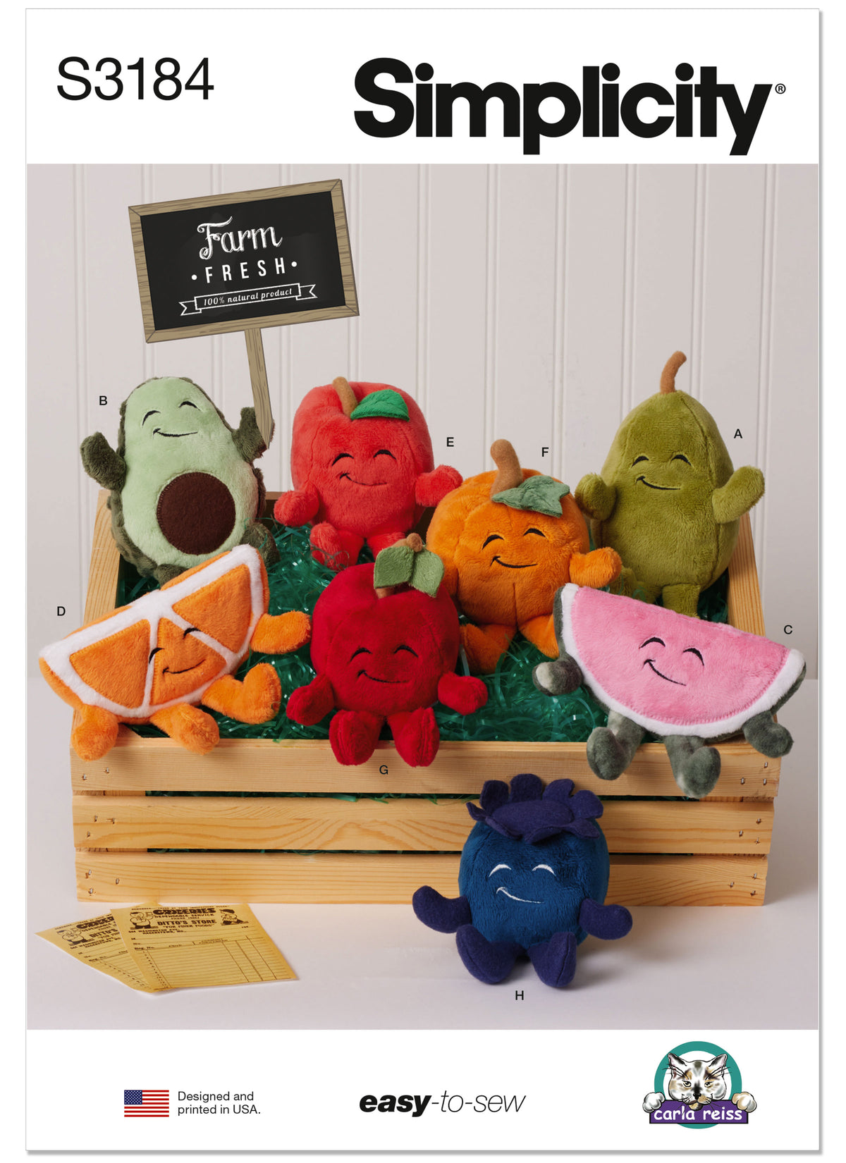 Simplicity S3184 pattern envelope showing small plush fruit toys