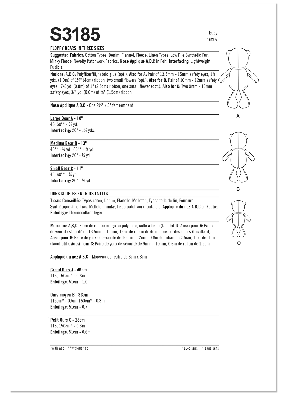 Simplicity S3185 pattern envelope showing stuffed toys with ribbon bows
