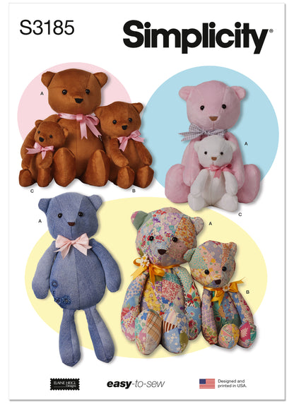 Simplicity S3185 pattern envelope showing stuffed toys with ribbon bows
