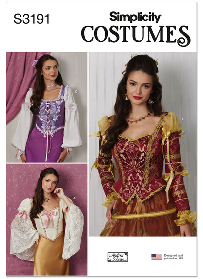 Simplicity S3191 pattern envelope showing costumes with Basque bodices