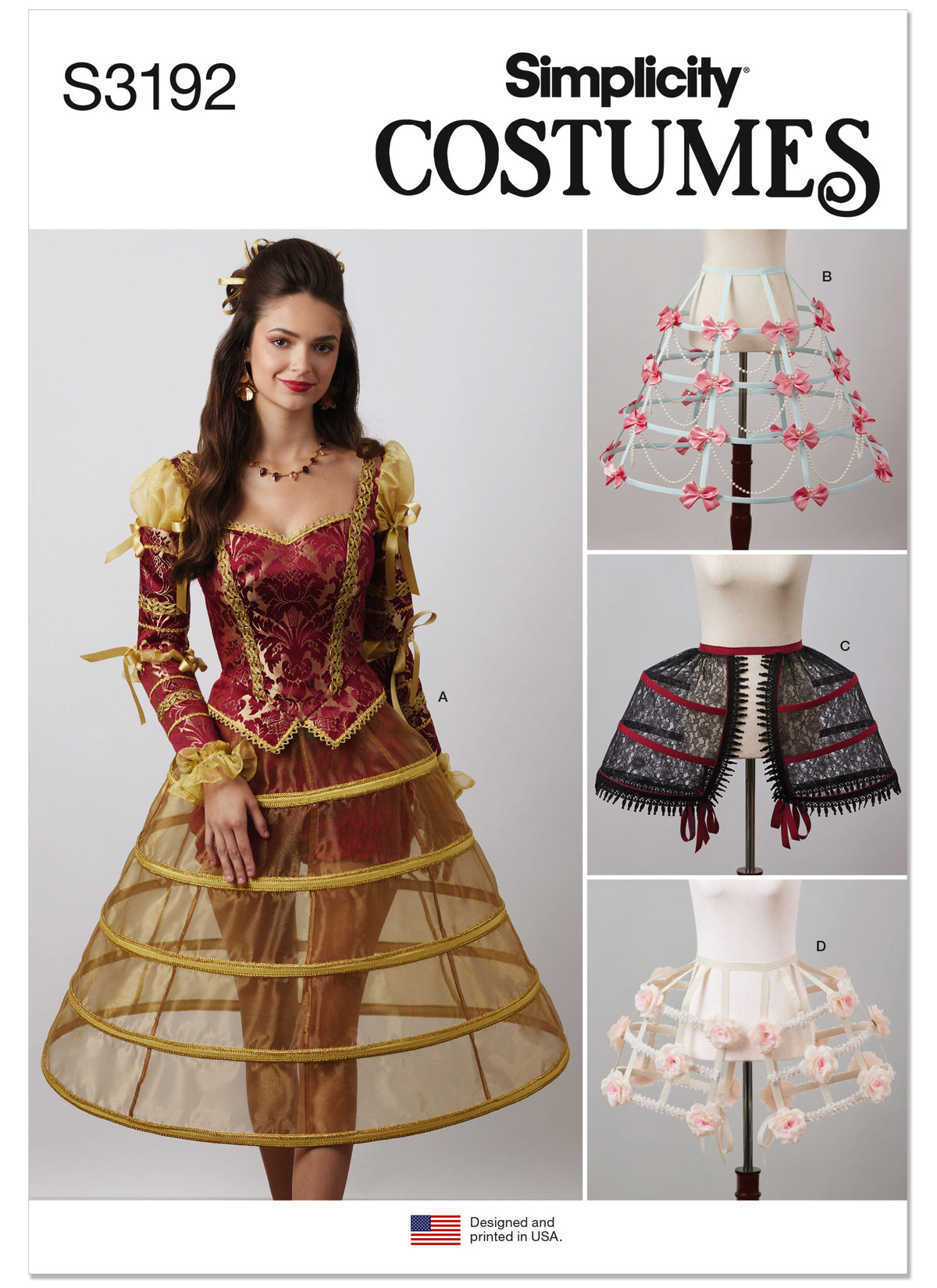 Simplicity S3192 pattern envelope showing hooped costume skirts