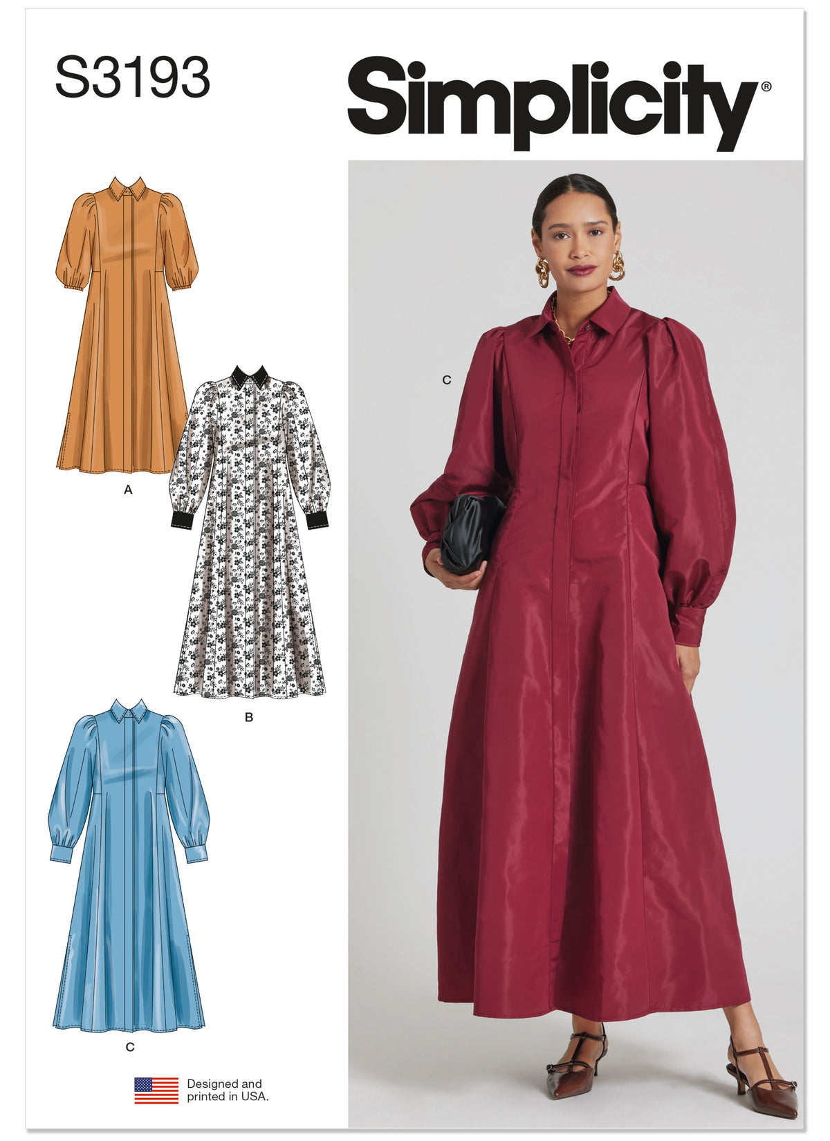 Simplicity S3193 pattern envelope showing button front dresses with puffed sleeves