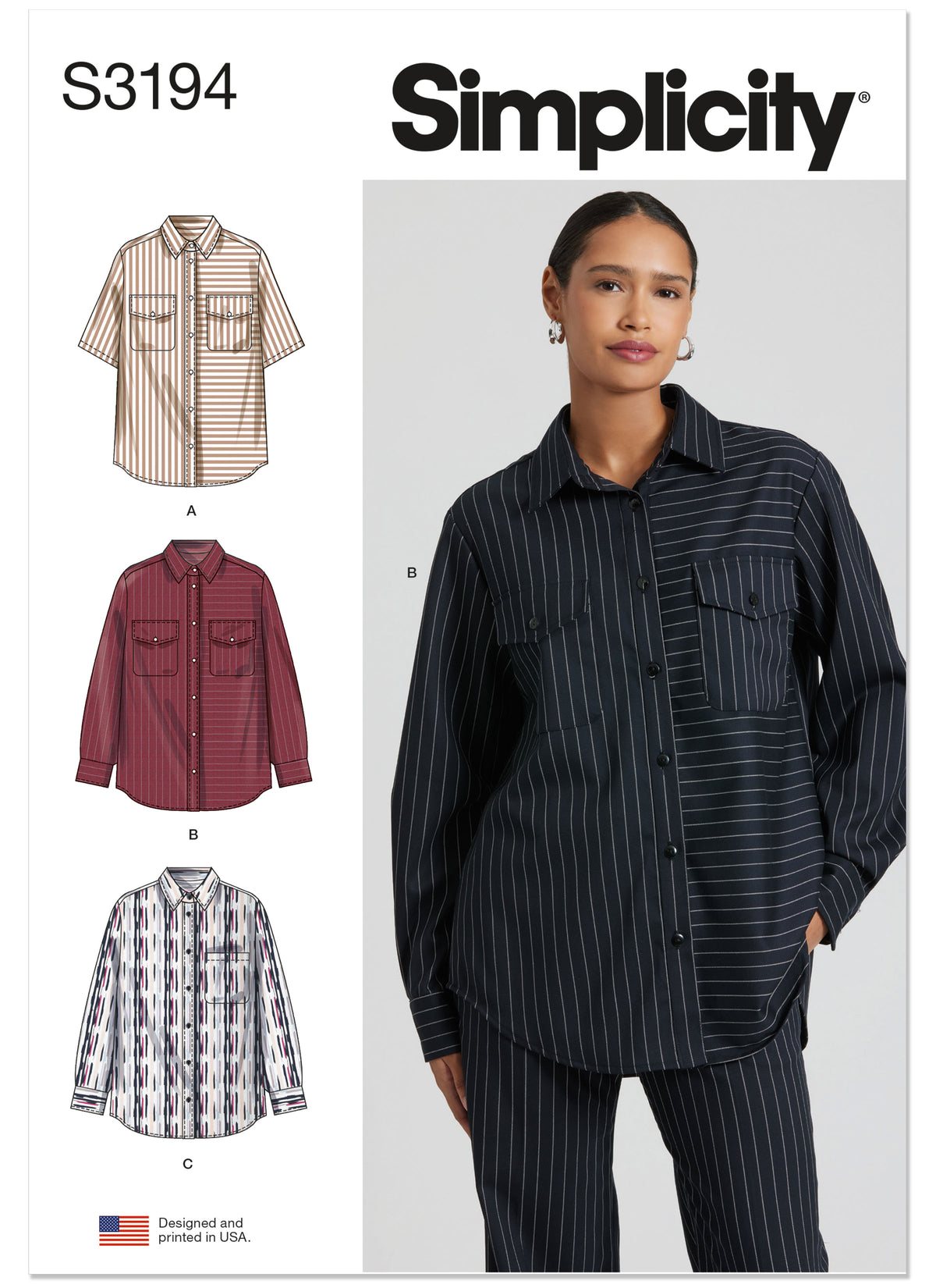 Simplicity S3194 pattern envelope showing button front shirts