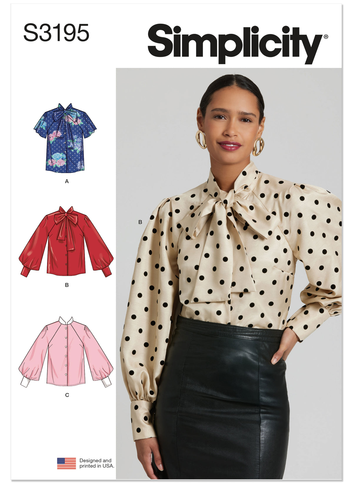 Simplicity S3195 pattern envelope showing blouses with bow tie collars
