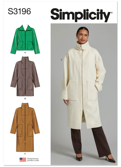 Simplicity S3196 pattern envelope showing high collar zip front jackets