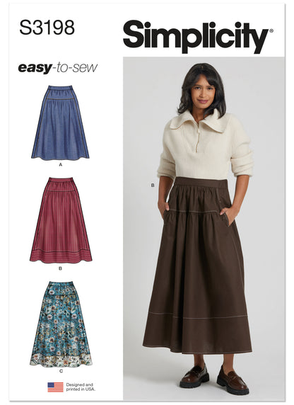 Simplicity S3198 pattern envelope showing gathered skirts with yoked waistbands