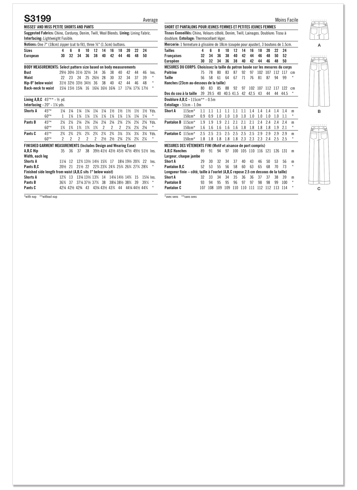 Simplicity S3199 pattern envelope showing low-rise trousers and shorts
