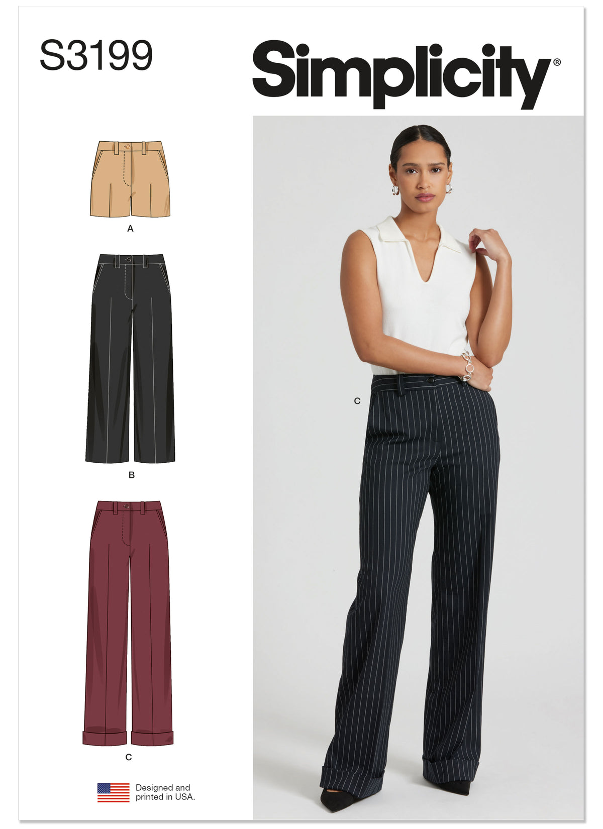 Simplicity S3199 pattern envelope showing low-rise trousers and shorts
