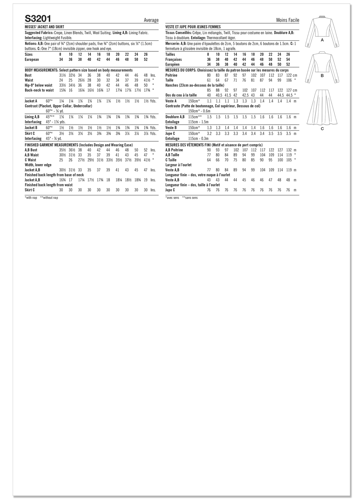 Simplicity S3201 pattern envelope showing tailored jackets with pointed collars