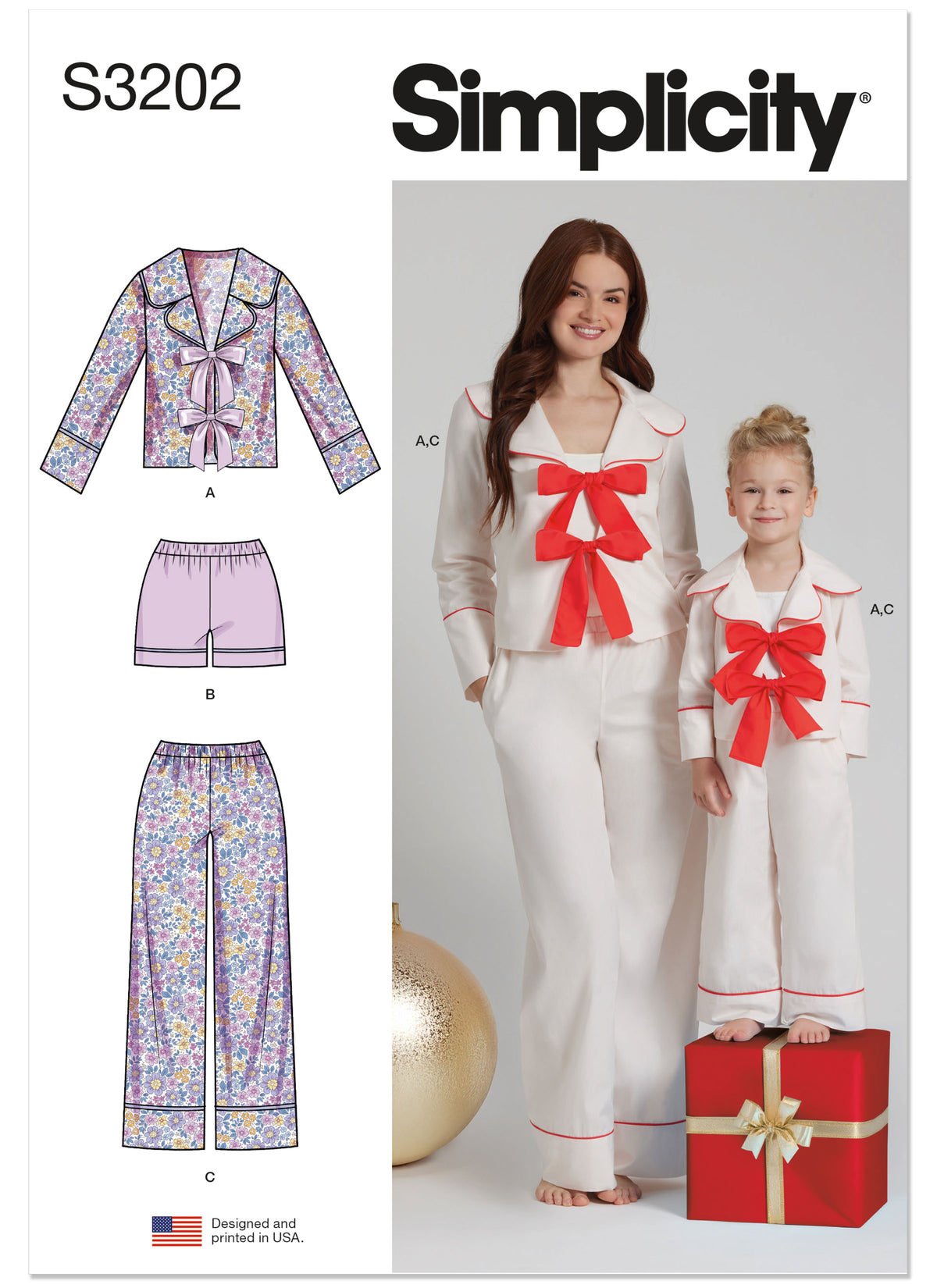 Simplicity S3202 pattern envelope showing children's pyjamas with piped lapels