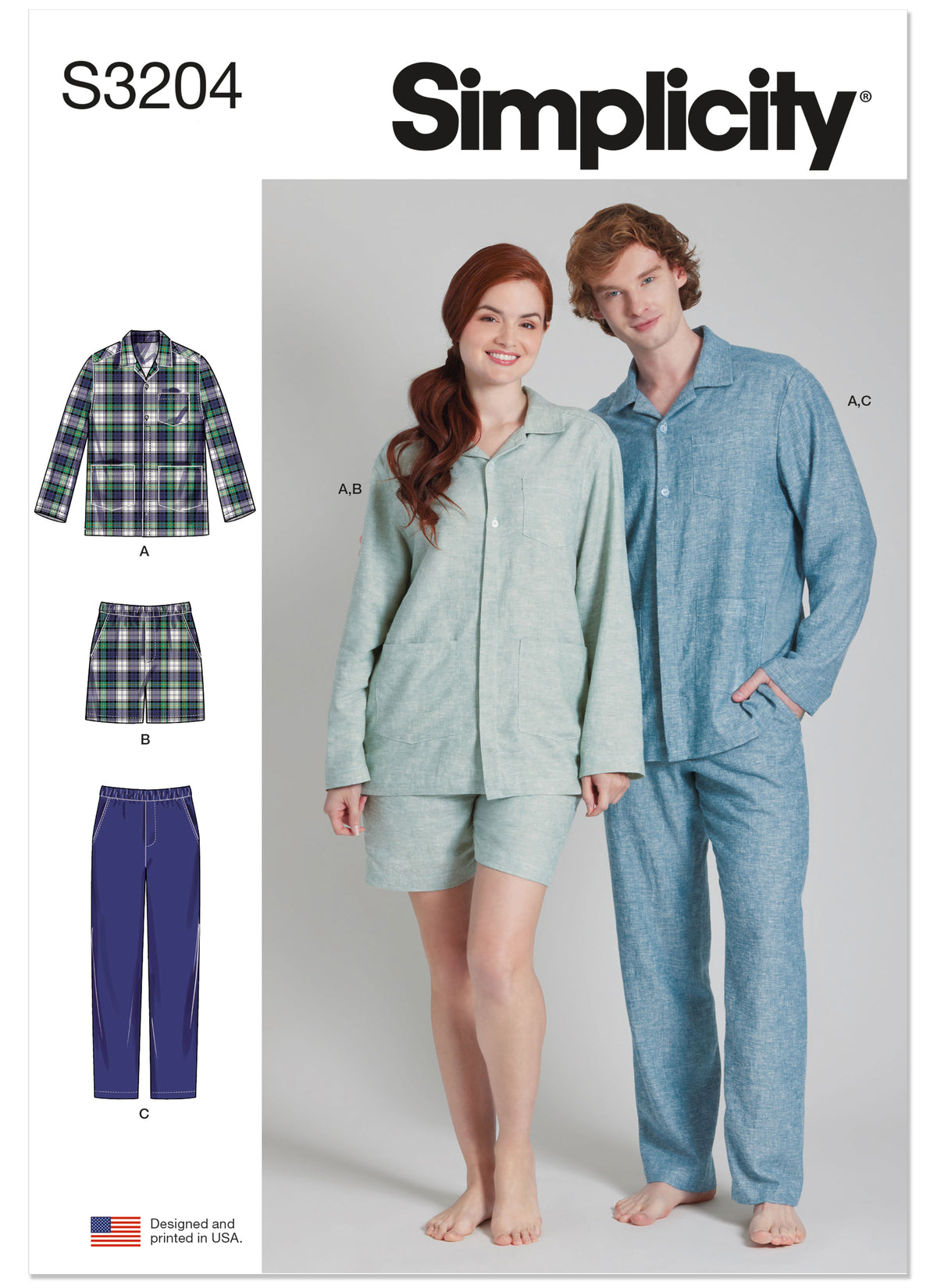 Simplicity S3204 pattern envelope showing unisex pyjamas