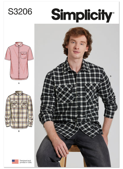 Simplicity S3206 pattern envelope showing men's shirts with chest pockets