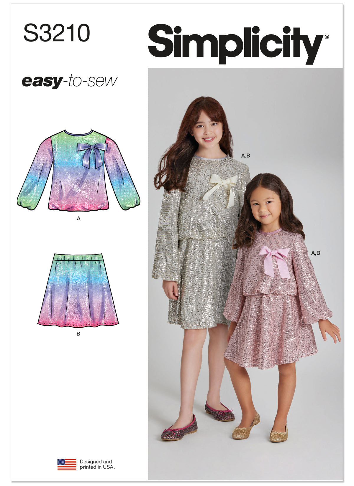Simplicity S3210 pattern envelope showing girls' sequin two-piece dresses