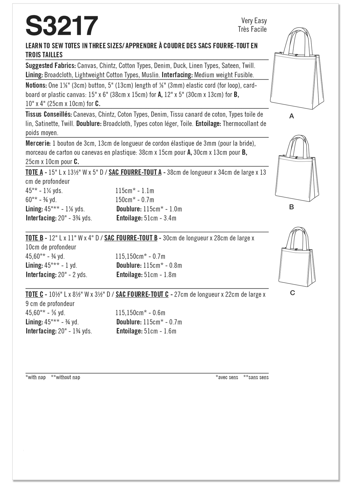 Simplicity S3217 pattern envelope showing structured tote bags in three sizes