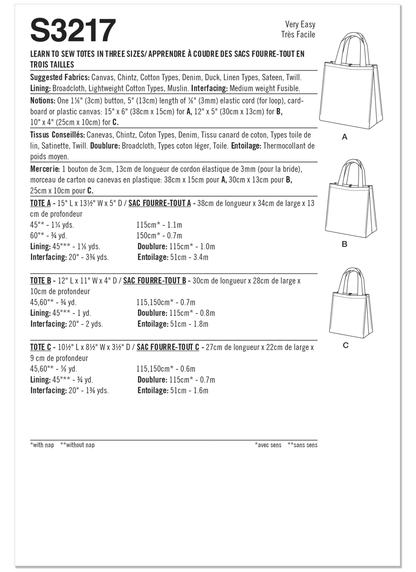 Simplicity S3217 pattern envelope showing structured tote bags in three sizes