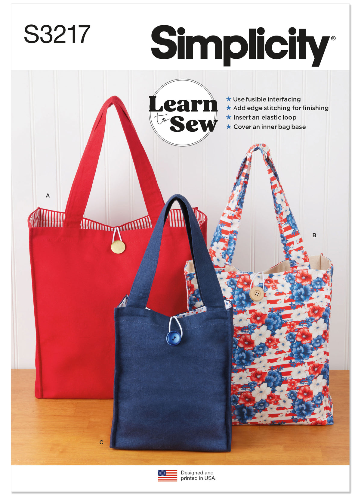 Simplicity S3217 pattern envelope showing structured tote bags in three sizes