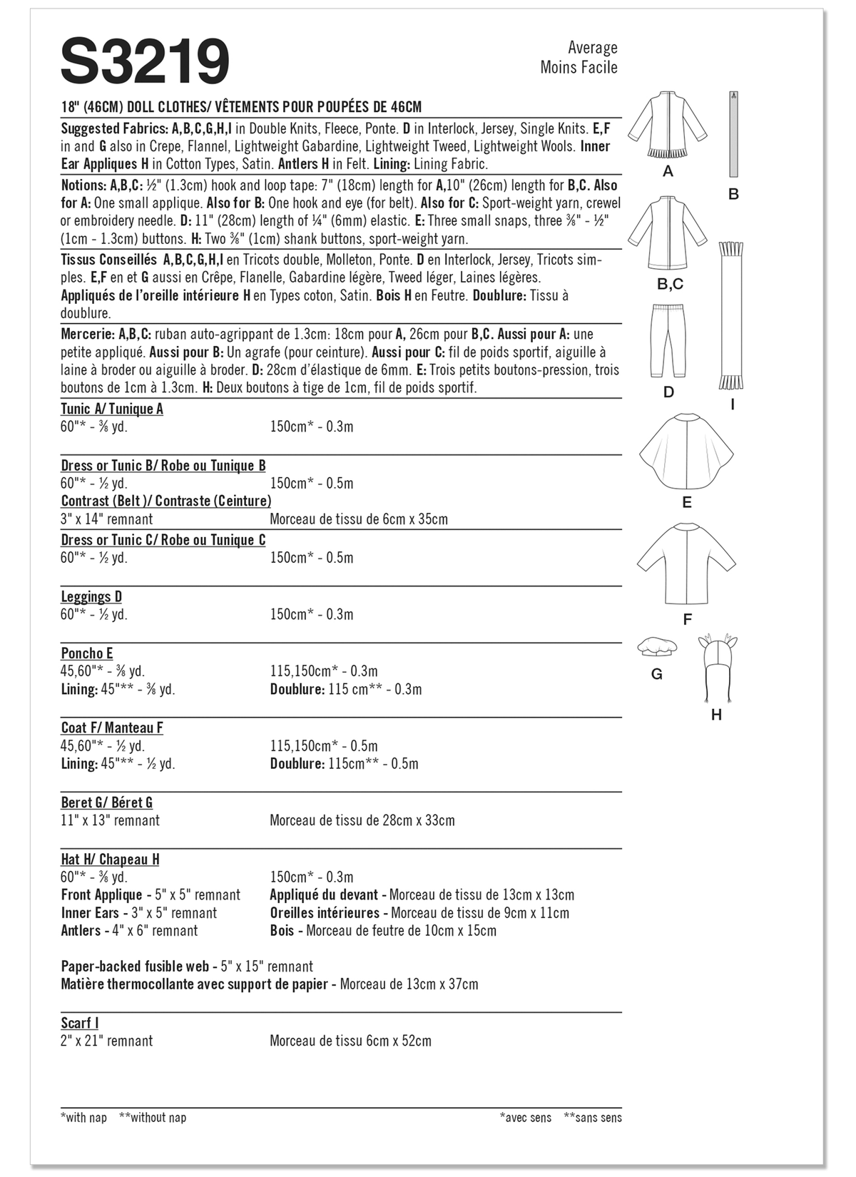 Simplicity S3219 pattern envelope showing outfits for 18 inch dolls