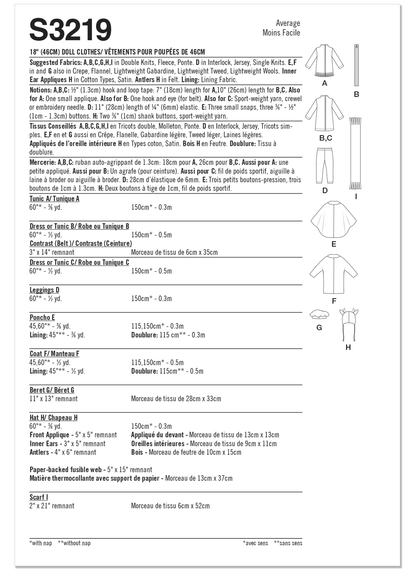 Simplicity S3219 pattern envelope showing outfits for 18 inch dolls