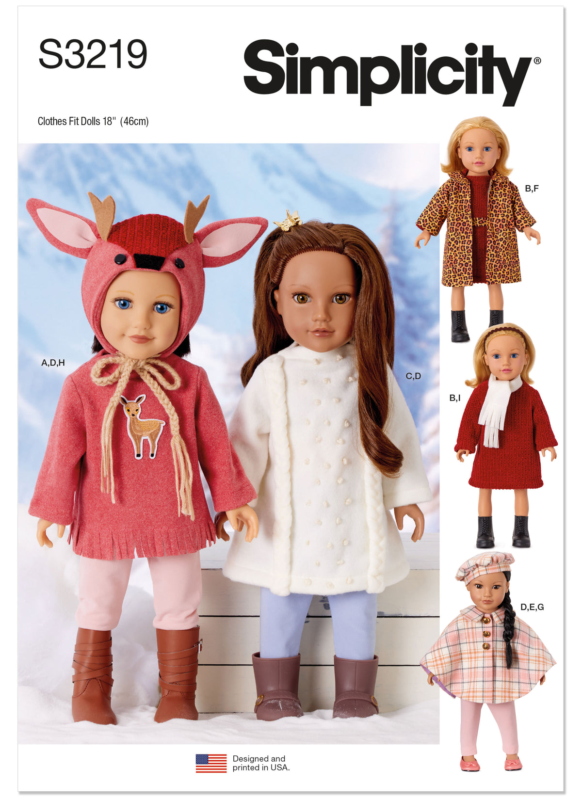 Simplicity S3219 pattern envelope showing outfits for 18 inch dolls