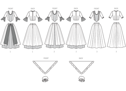 Simplicity S3226 costume pattern envelope showing colonial-style gowns with caps and shawls