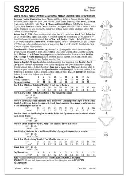 Simplicity S3226 costume pattern envelope showing colonial-style gowns with caps and shawls