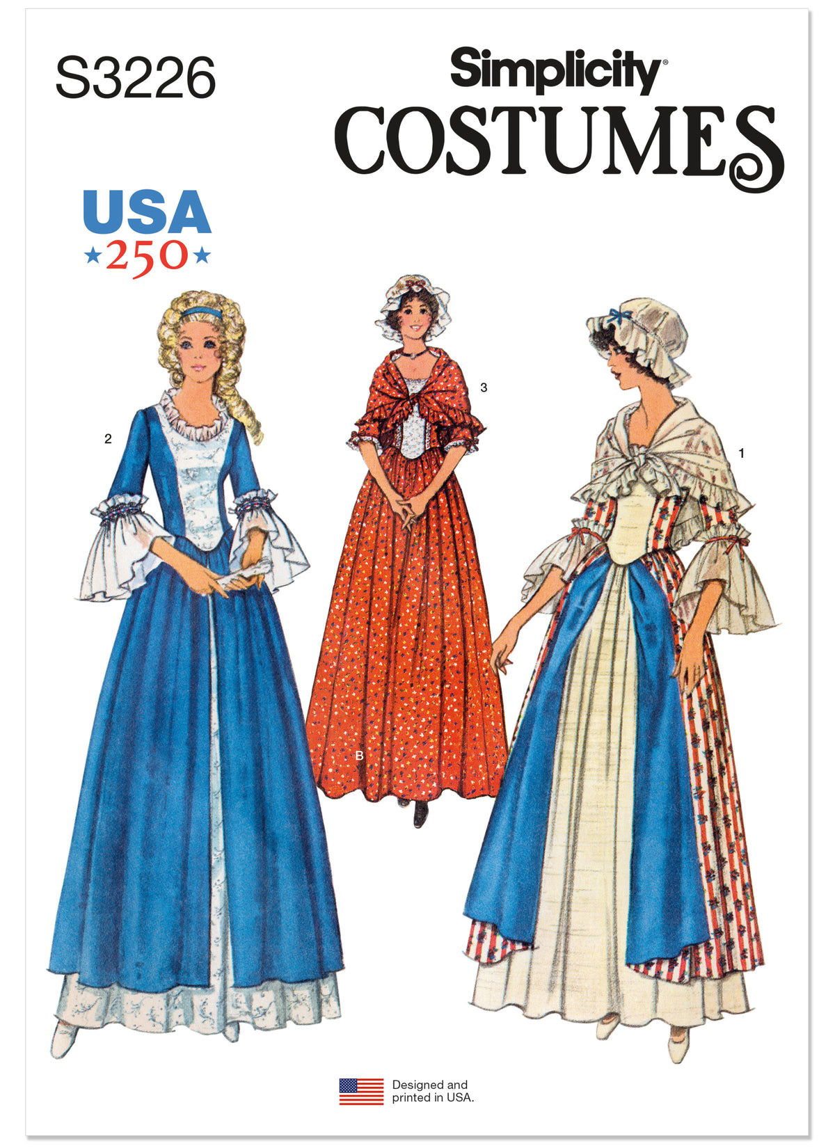 Simplicity S3226 costume pattern envelope showing colonial-style gowns with caps and shawls