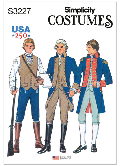 Simplicity S3227 costume pattern envelope showing men's colonial coats, waistcoats and breeches