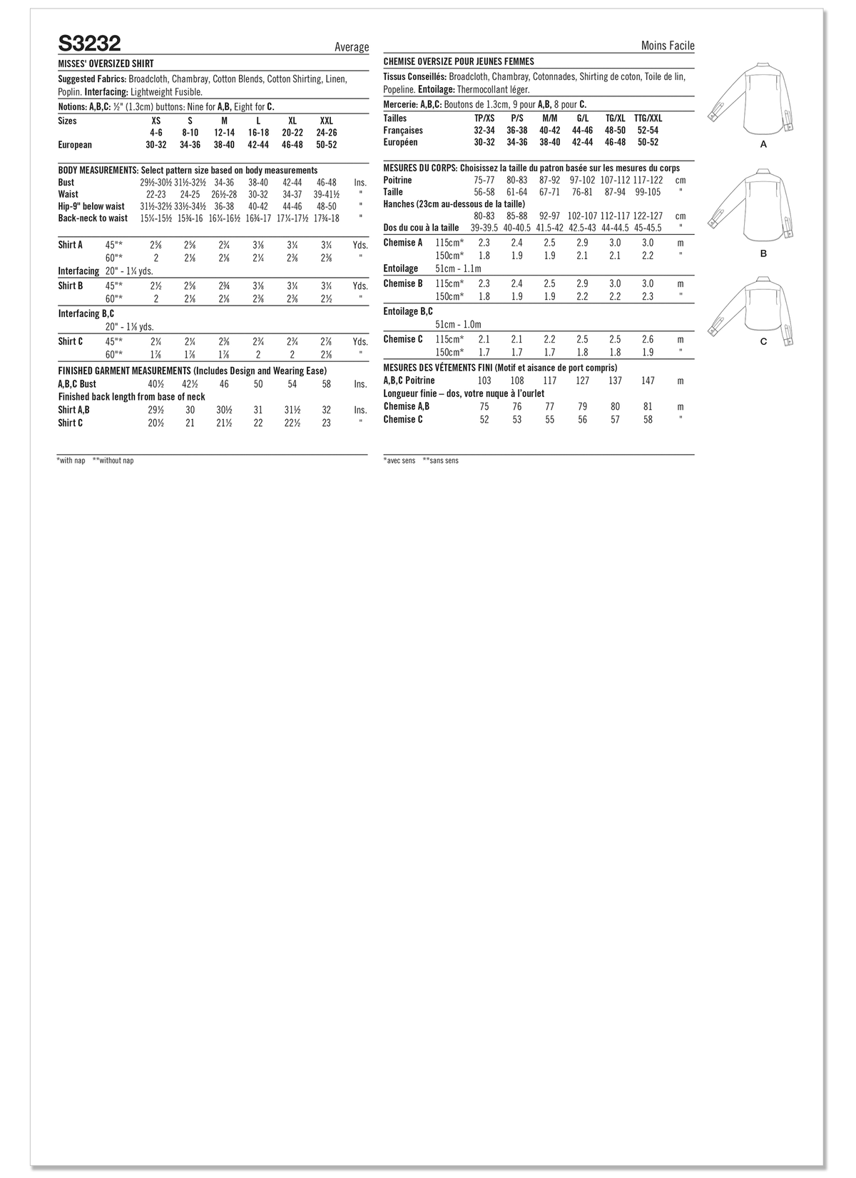 Simplicity S3232 loose-fit shirt pattern envelope