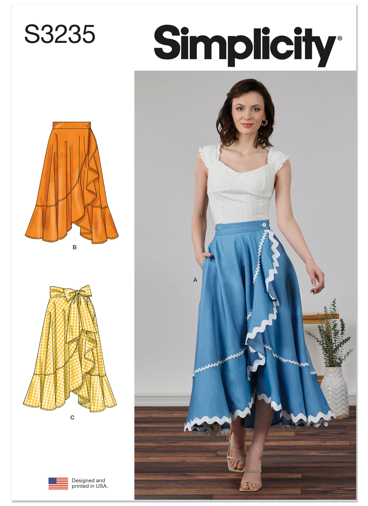 Simplicity S3235 sewing pattern envelope showing a skirt or trousers
