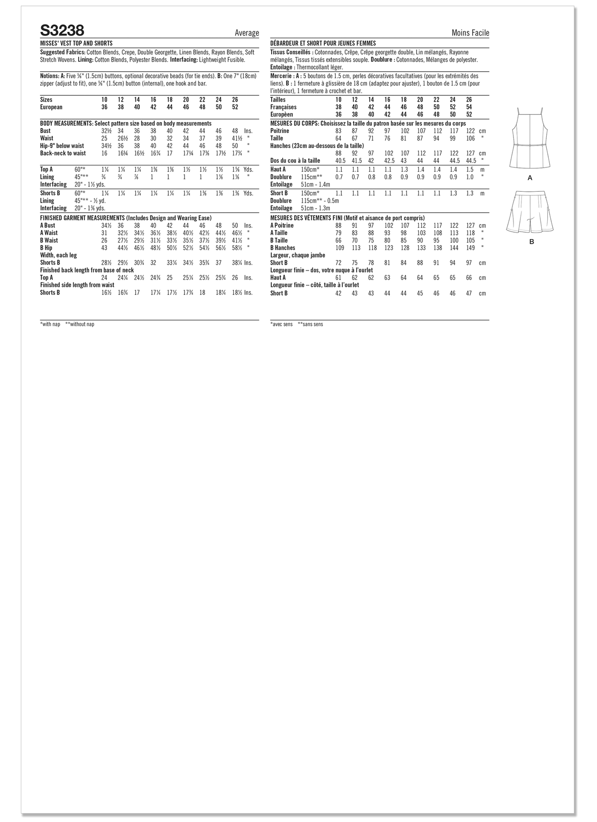 Simplicity S3238 sewing pattern envelope showing a vest top and shorts