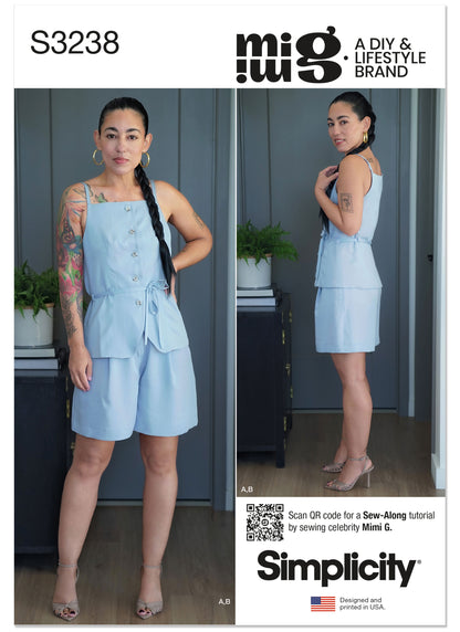Simplicity S3238 sewing pattern envelope showing a vest top and shorts