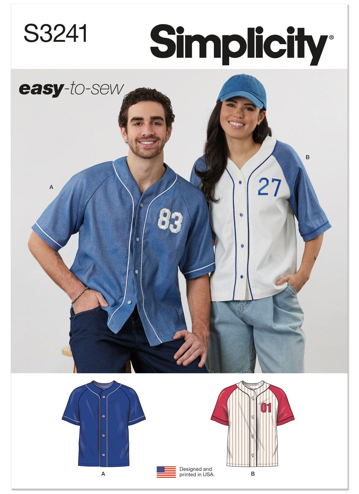Simplicity S3241 sewing pattern envelope showing a baseball-style shirt