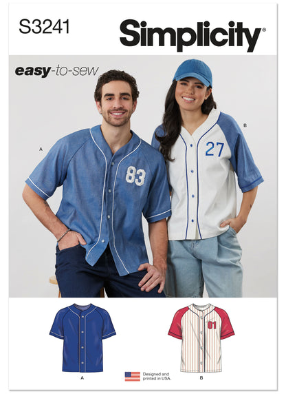 Simplicity S3241 sewing pattern envelope showing a baseball-style shirt