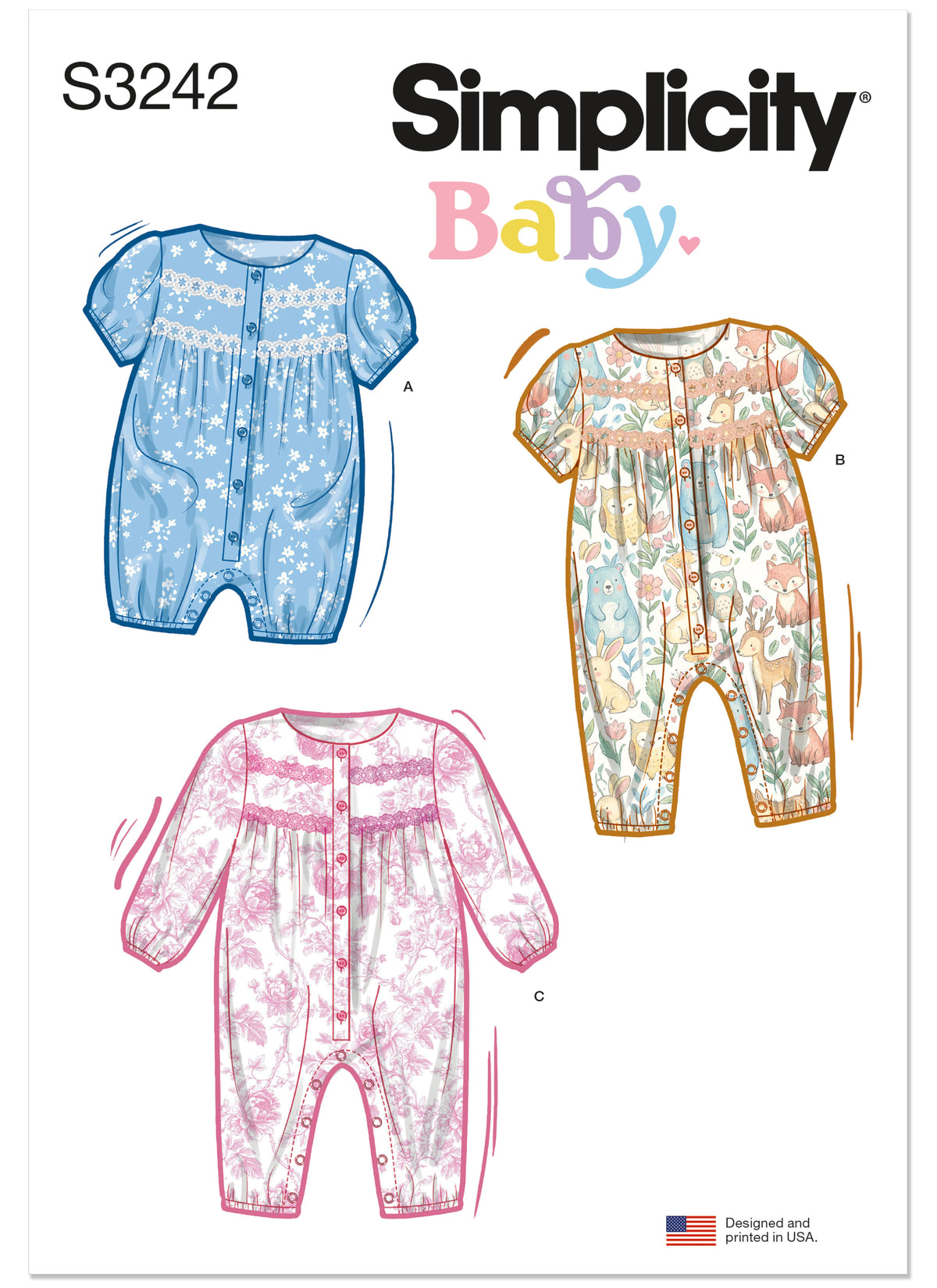 Simplicity S3242 sewing pattern envelope showing a jumpsuit or romper