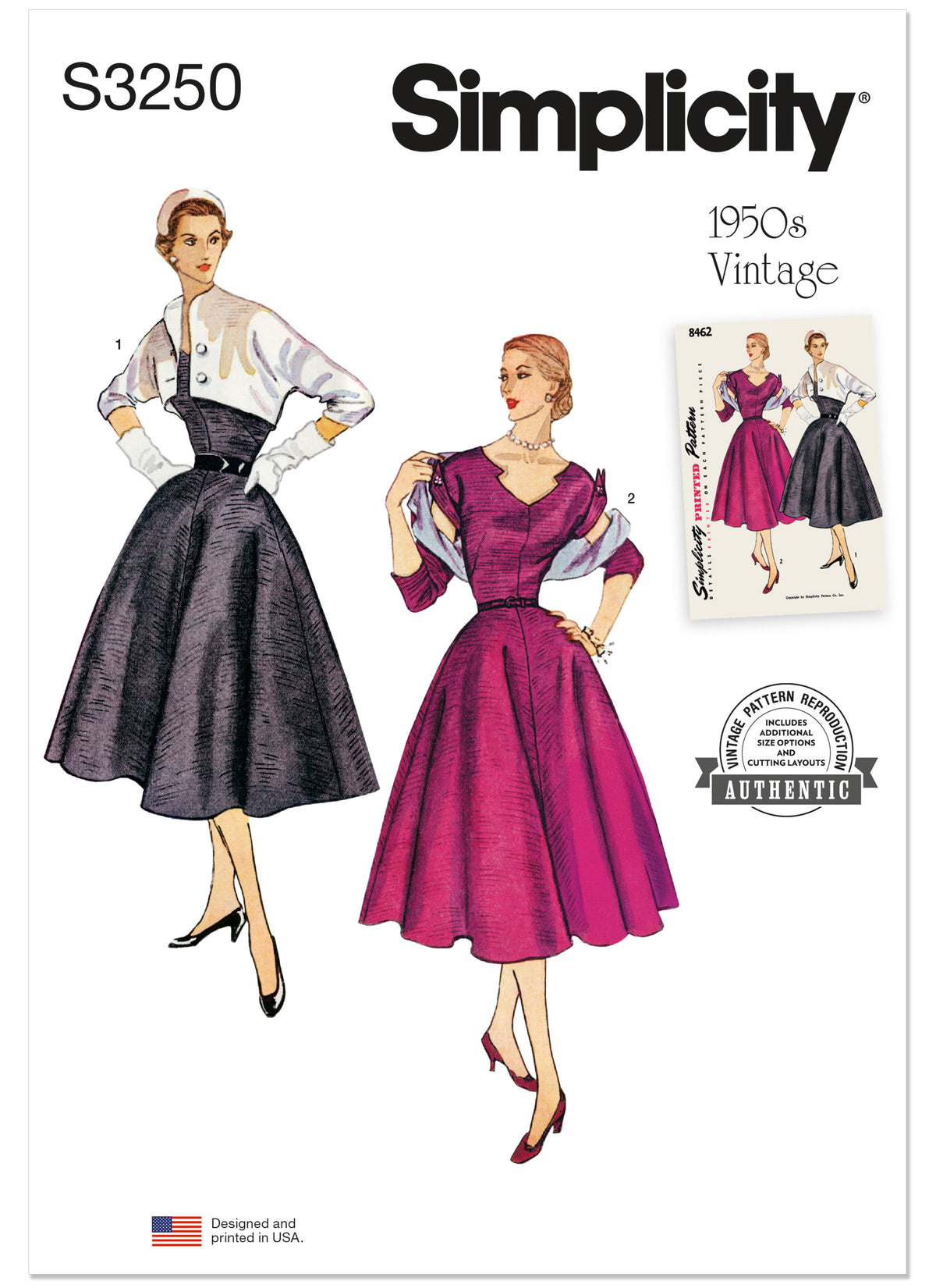 Simplicity S3250 sewing pattern envelope showing a dress and reversible bolero