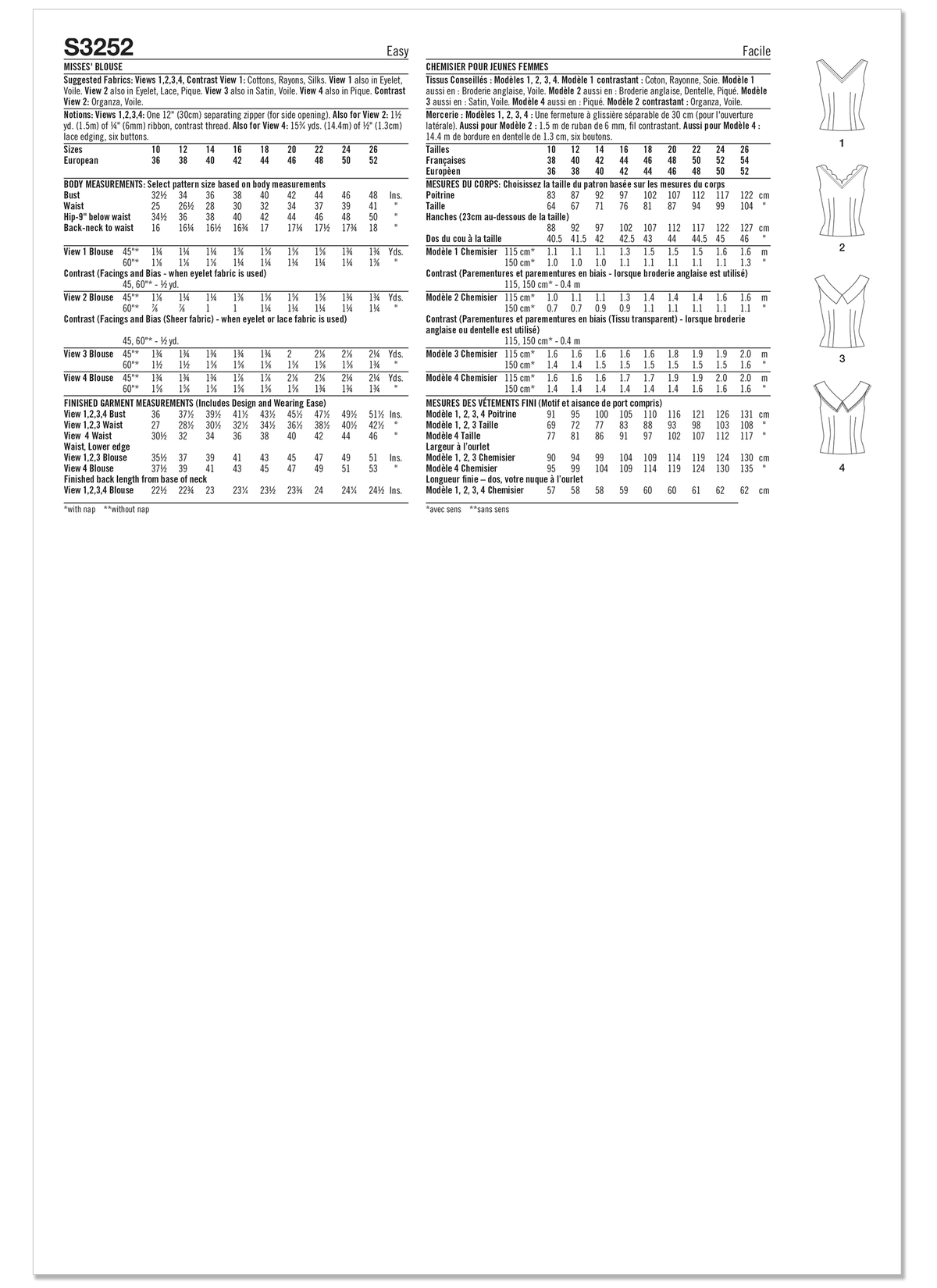 Simplicity S3252 sewing pattern envelope showing a blouse