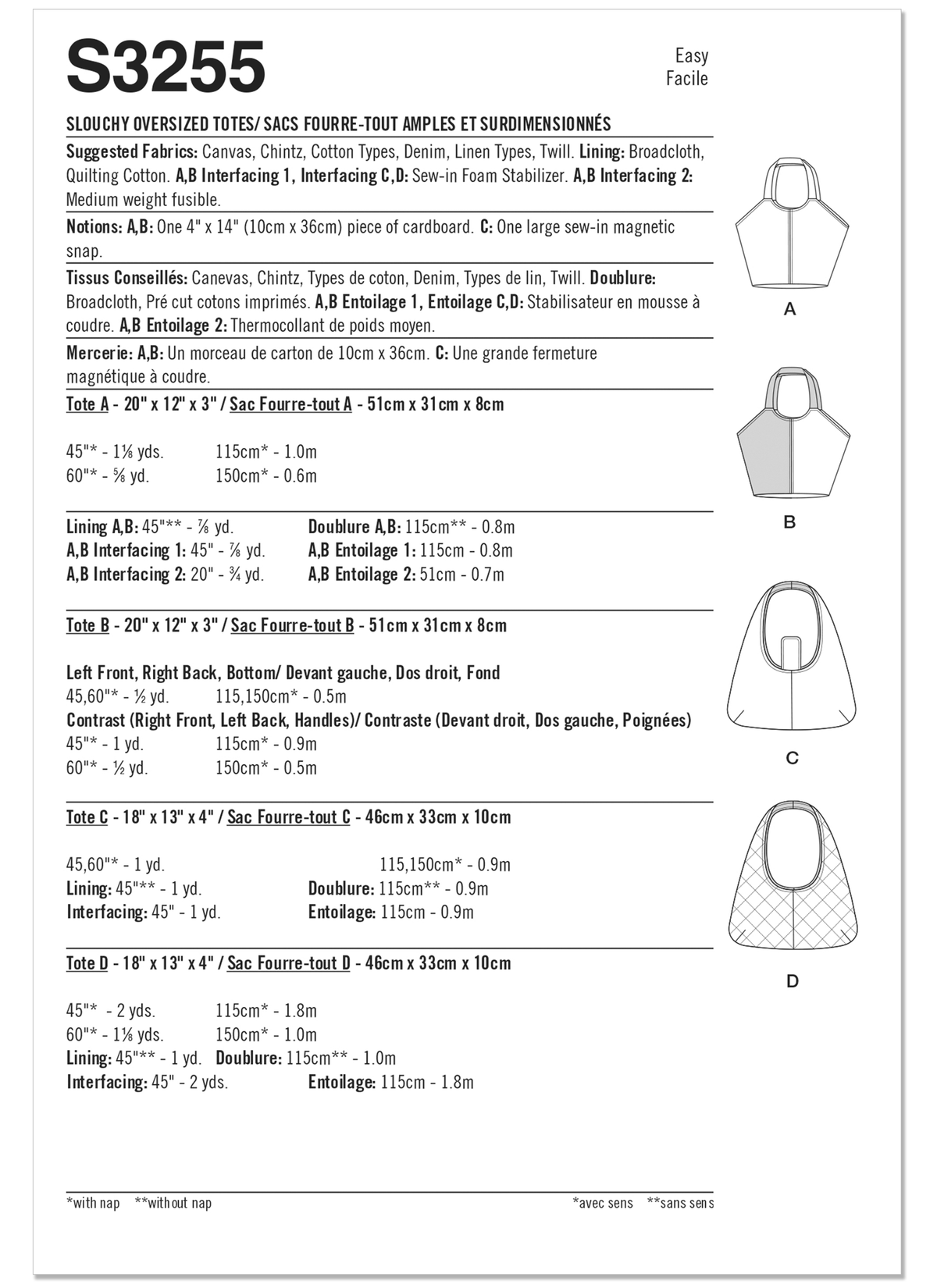 Simplicity S3255 sewing pattern envelope showing shoulder bags and totes