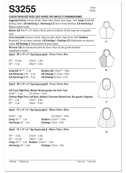 Simplicity S3255 sewing pattern envelope showing shoulder bags and totes