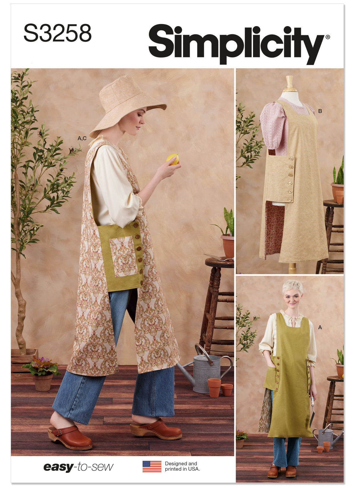 Simplicity S3258 sewing pattern envelope showing tabard aprons