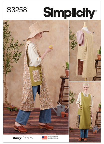 Simplicity S3258 sewing pattern envelope showing tabard aprons