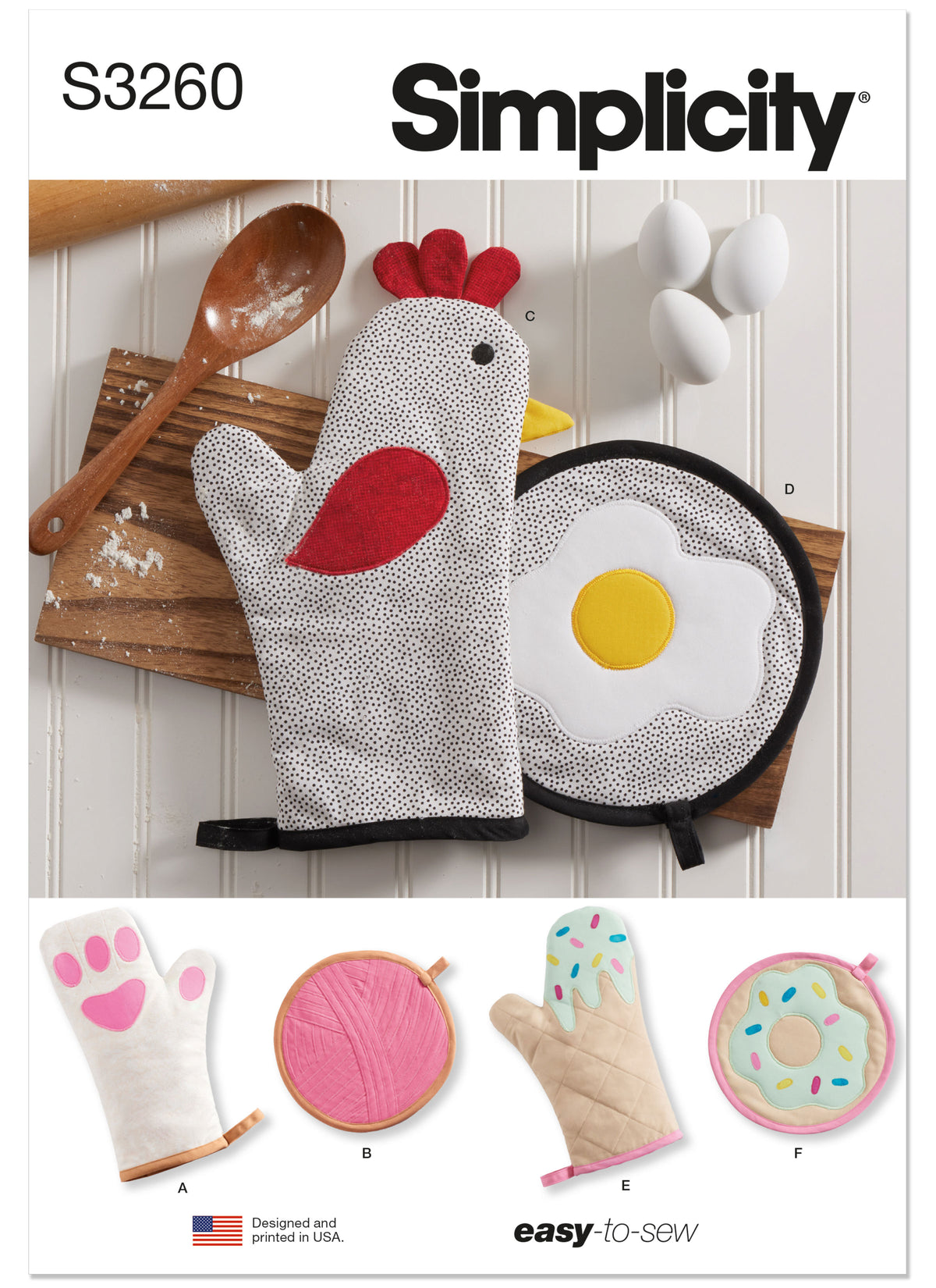 Simplicity S3260 sewing pattern envelope showing kitchen oven gloves and pot holders