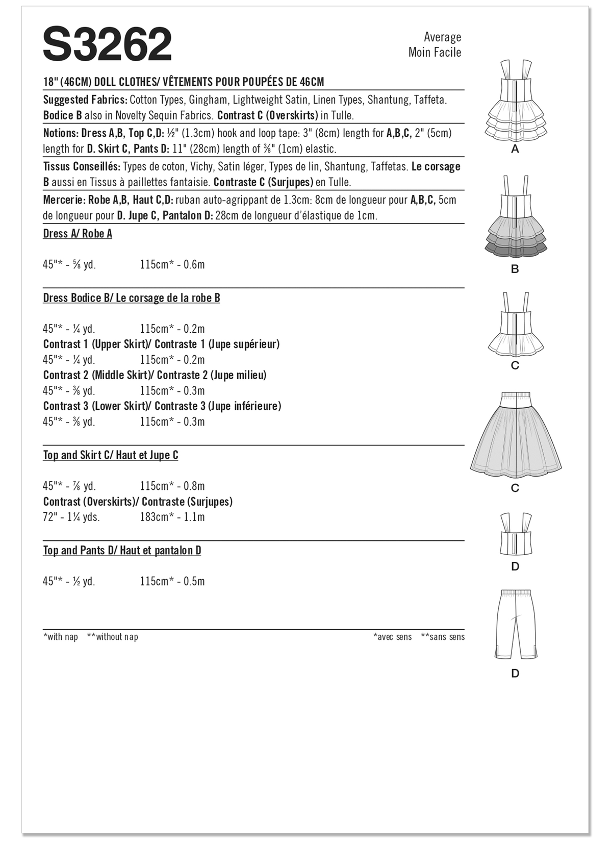Simplicity S3262 sewing pattern envelope showing doll dresses