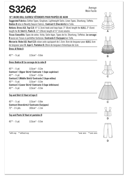Simplicity S3262 sewing pattern envelope showing doll dresses