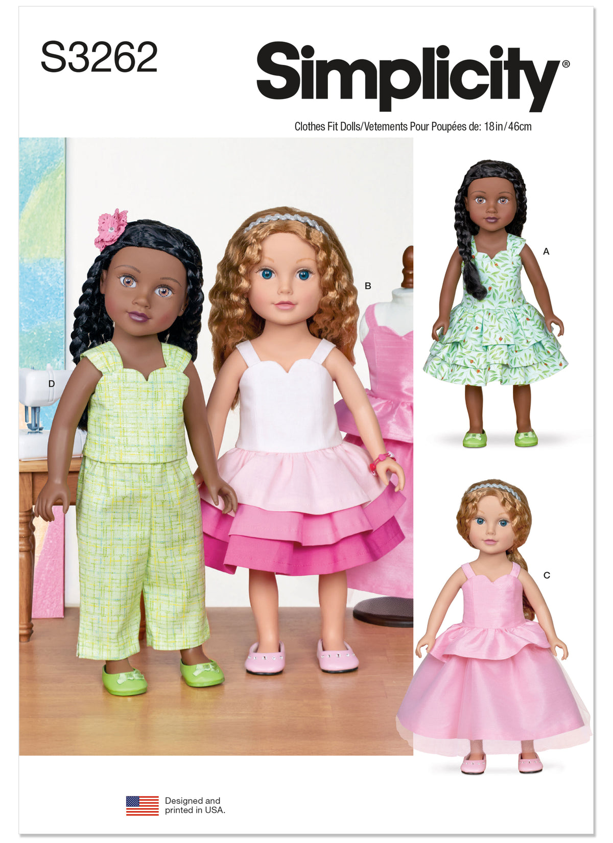 Simplicity S3262 sewing pattern envelope showing doll dresses