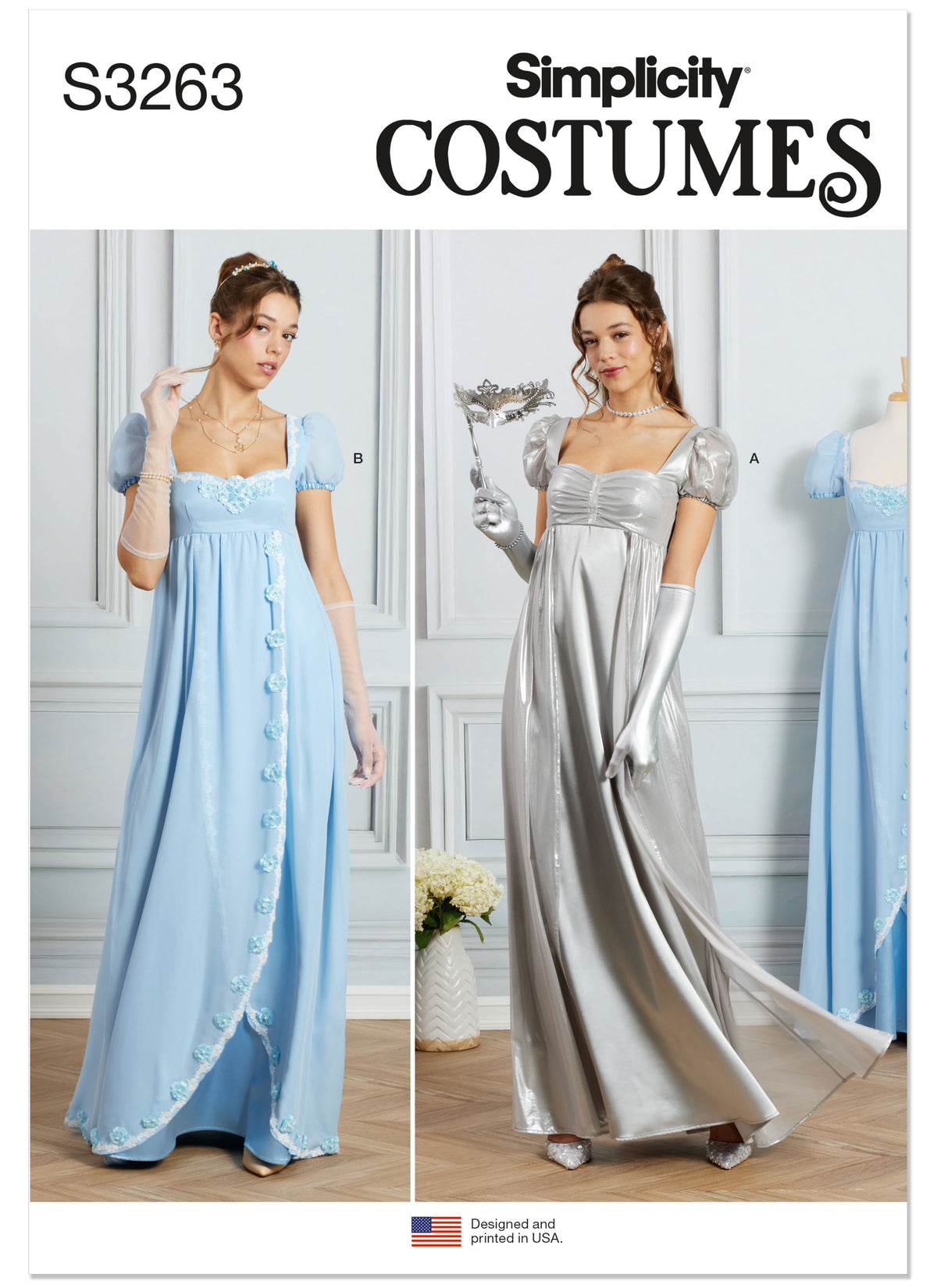 Simplicity S3263 sewing pattern envelope showing Regency gown costumes