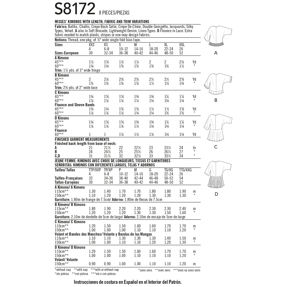 Simplicity S8172 sewing pattern envelope showing kimono jackets