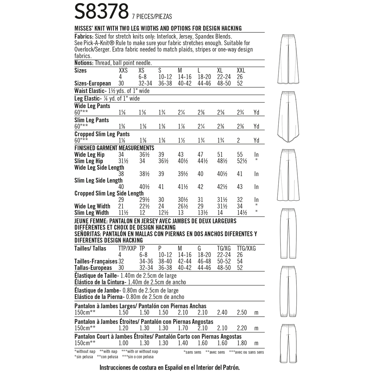 Simplicity S8378 sewing pattern envelope showing knit trousers