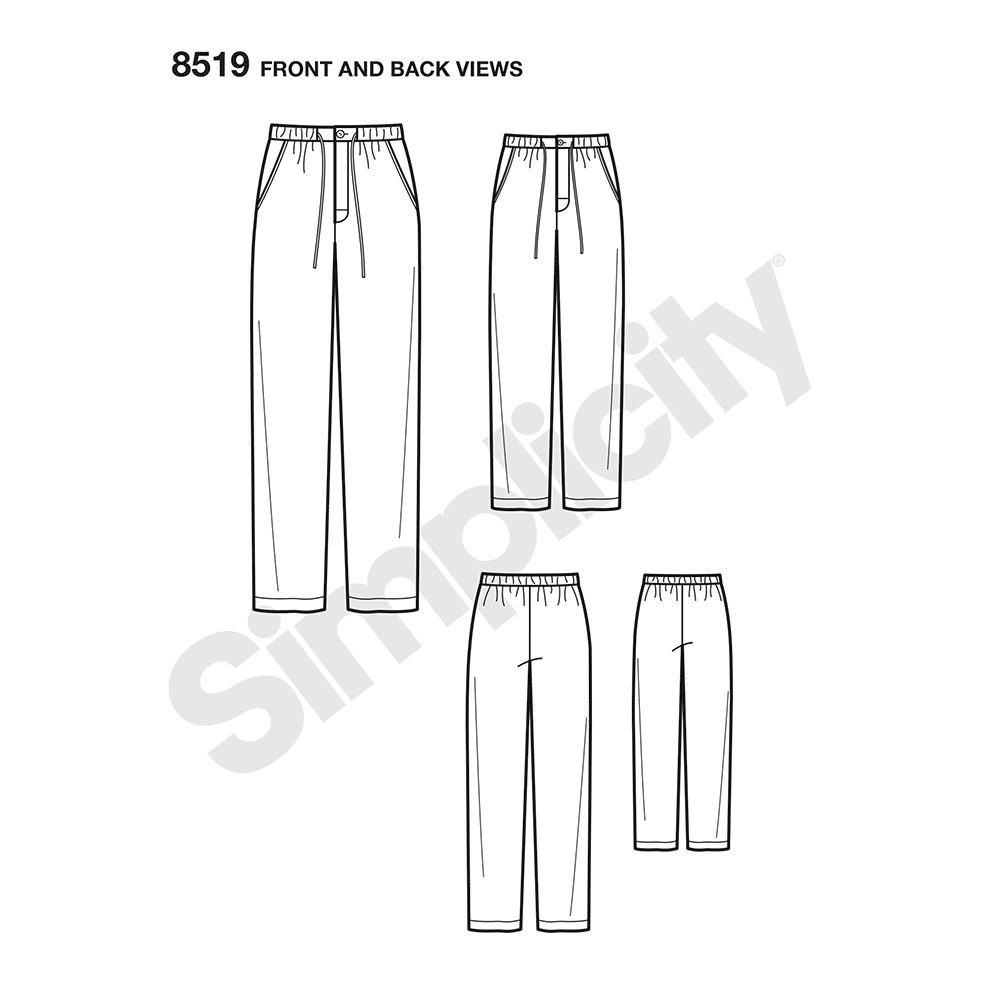 Simplicity S8519 sewing pattern envelope showing men's and boys' lounge trousers