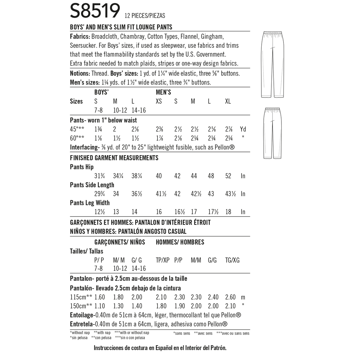 Simplicity S8519 sewing pattern envelope showing men's and boys' lounge trousers